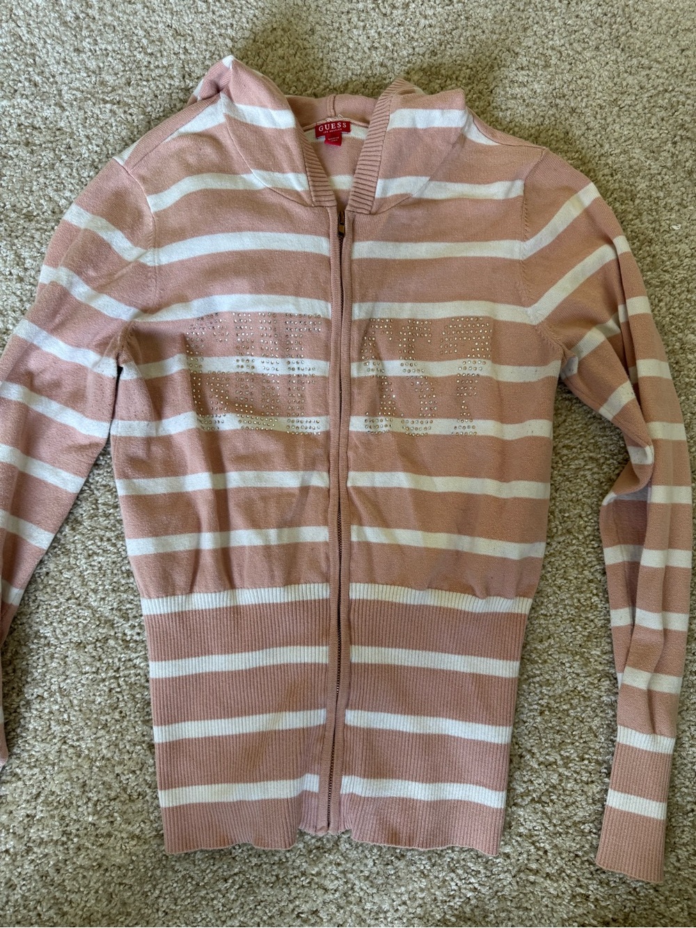 GUESS Pink and White Striped Zip-Up Sweater